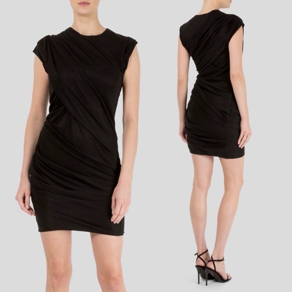 Alexander Wang Black Goddess Ruched Draped Slinky Mini Dress S (6)